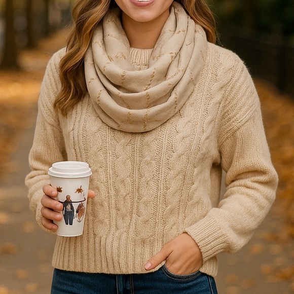 Evelyn K New York Beige Gold Chain Print Infinity Loop Scarf Lightweight One Siz - Picture 1 of 7